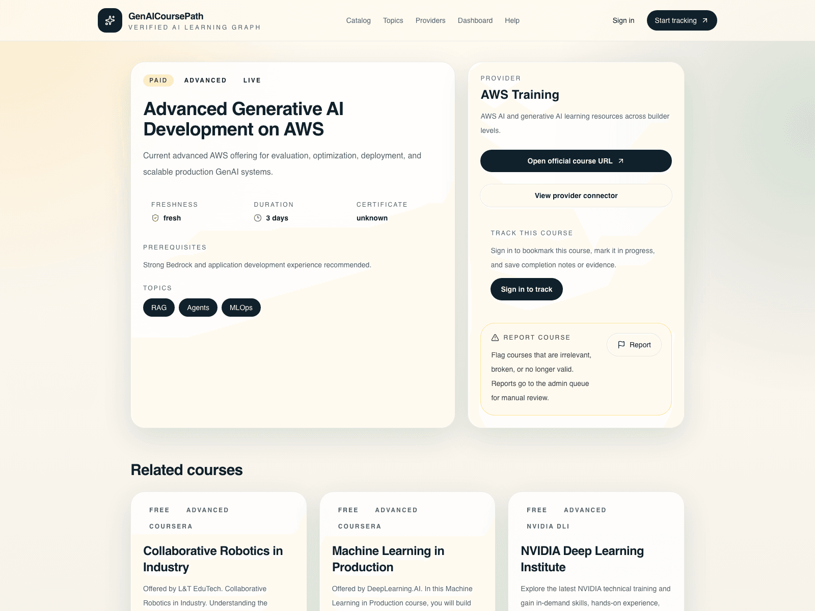 Course detail page showing the track this course panel