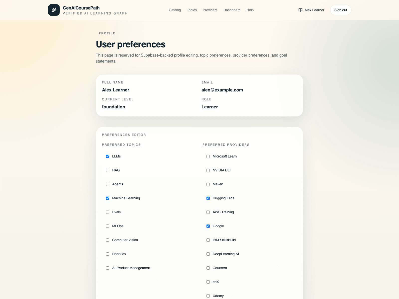 Preferences page with topic, provider, and language settings