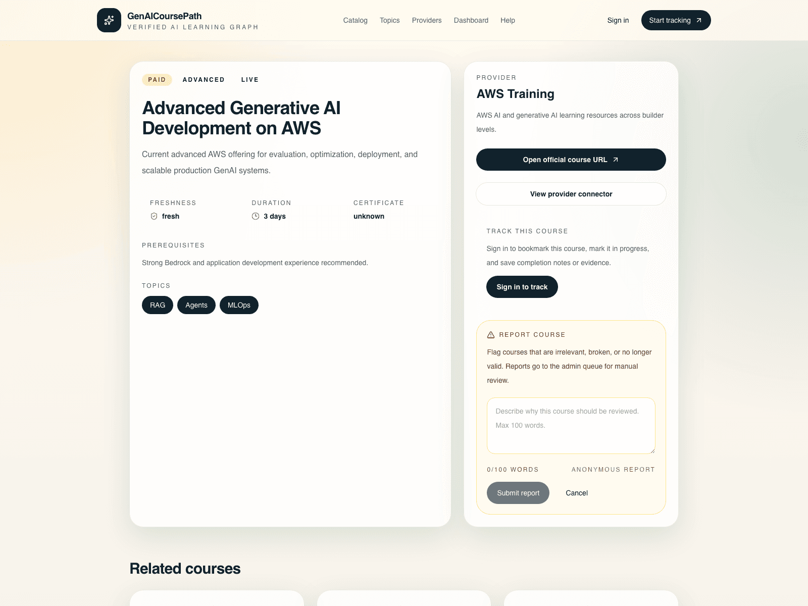 Open report course panel with the report text box visible