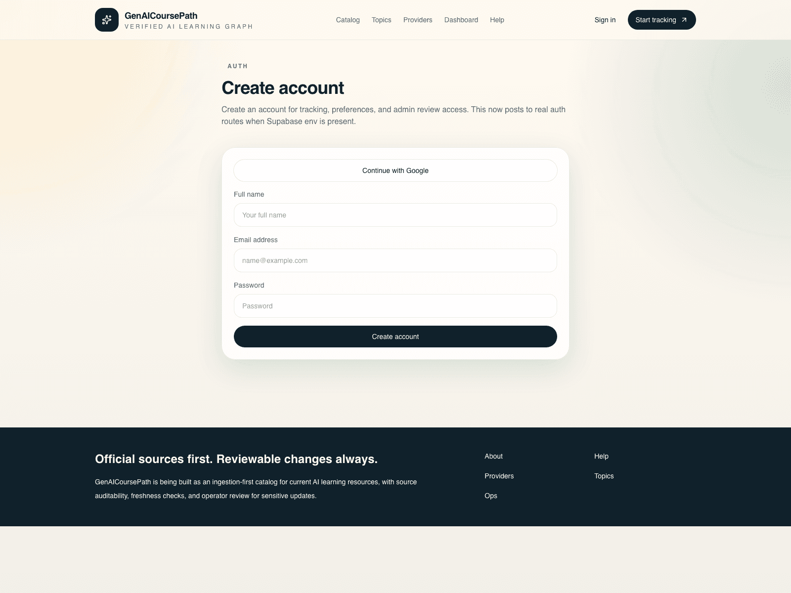 Create account page with the sign-up form