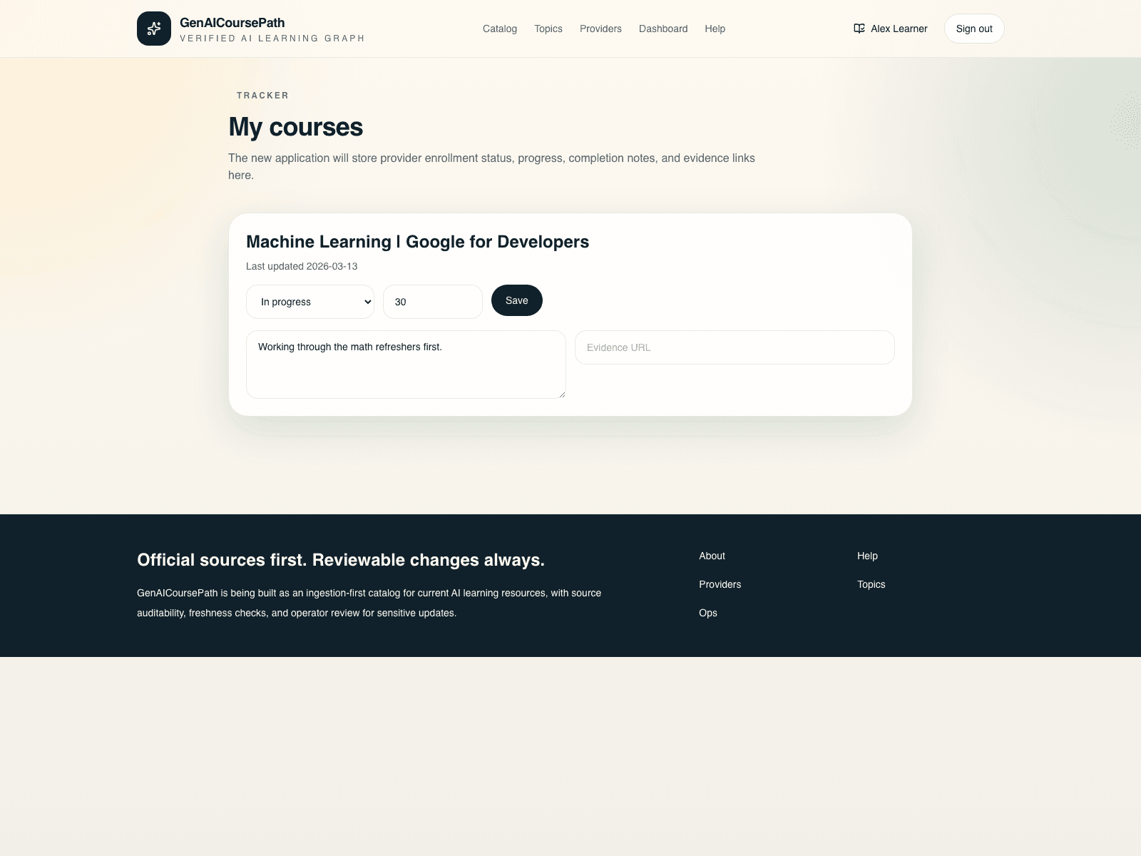 My courses tracker view with editable status rows